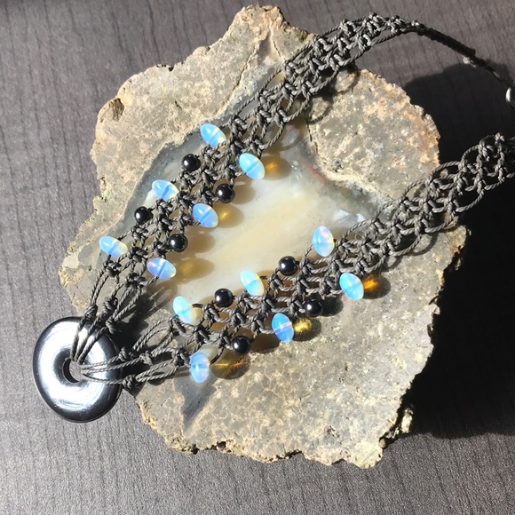 Handmade Macramé Hematite and Opalite Beaded Necklace/Choker - Picture 2 of 9